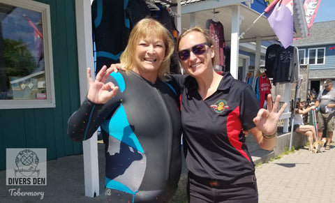 Carol and Mia at the Designated Fitting Site in Tobermory, Canada at Divers Den